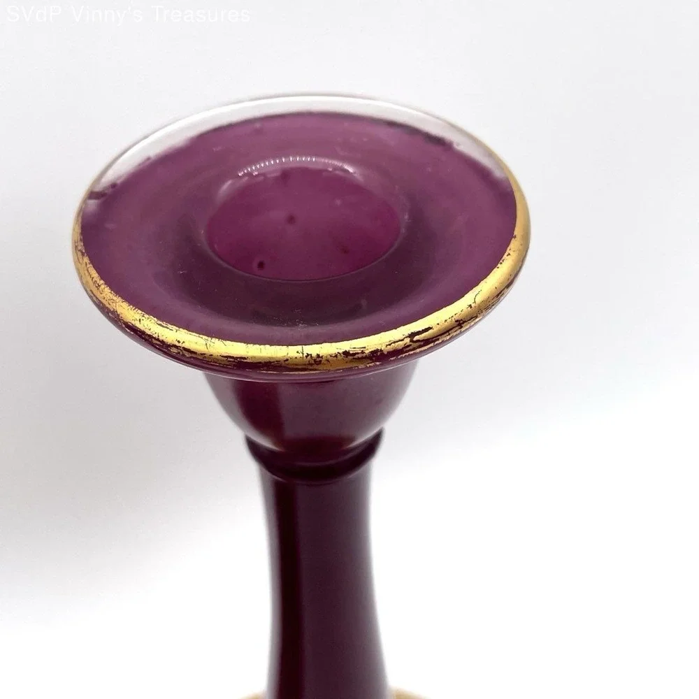 Vintage Amethyst Glass Candlesticks Pair Gold Encrusted Classical Figures 9.5